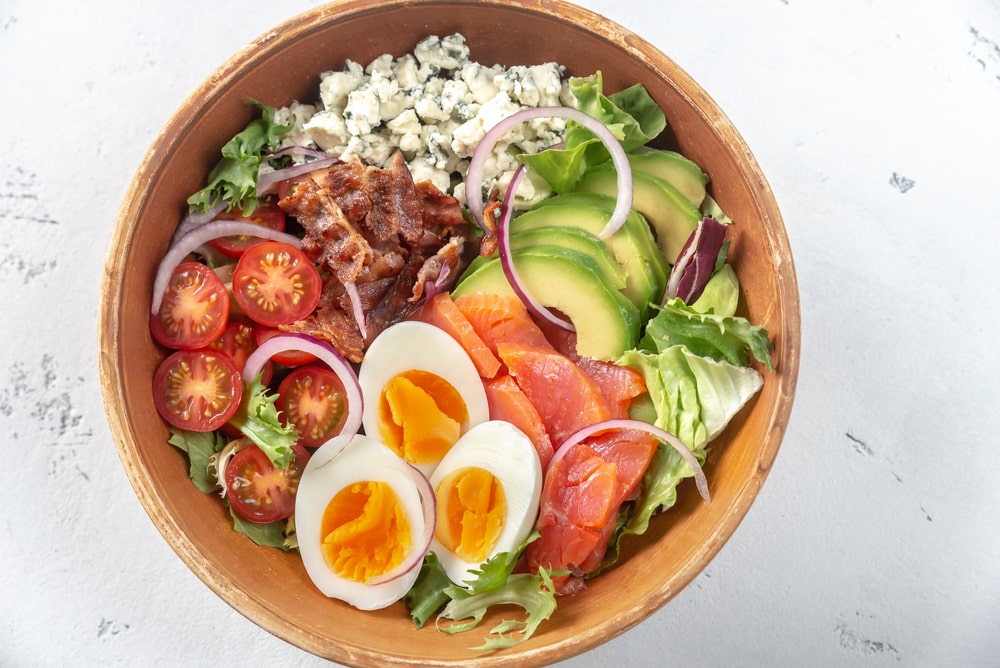 Bowl of Cobb egg salad on the table.